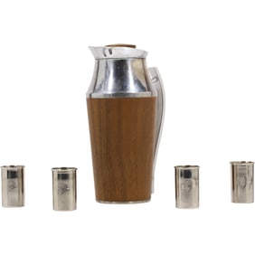 Mid-Century Modern Chrome and Walnut Wood Liquor Pitcher with 4 Chrome Metal Cordials