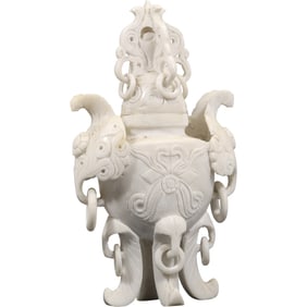 Chinese White Jade Incense Burner, likely made from Hetian Jade. 11.5 inches height x 4.75 in.