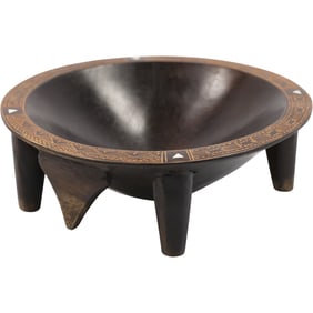 Kava Bowl, Teak Wood with Inlaid Decorated Rim, Footed, Pacifis Island, 11.5 in. diameter