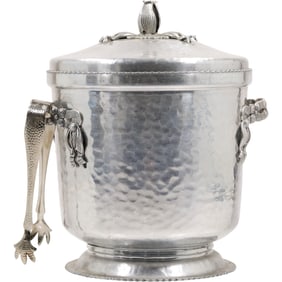 Mid-Century Modern Hand Hammered Aluminum Ice Bucket with Tongs