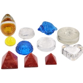 11 Assorted Paperweights 8 are Glass, 3 Pyramids are a Stone Composition