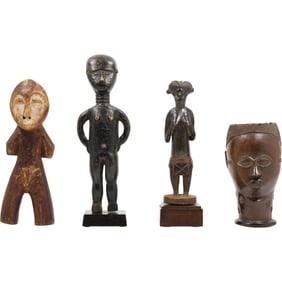 [4] Three Carved African Wooden Figures and a Carved Wood African Mug