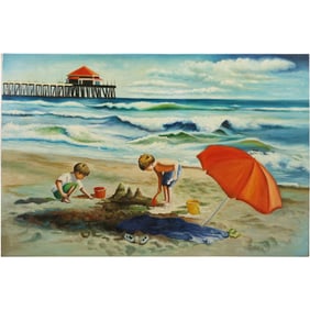20th C. Oil on Canvas Painting Children Playing At The Beach 21 in. x 35.5 in.