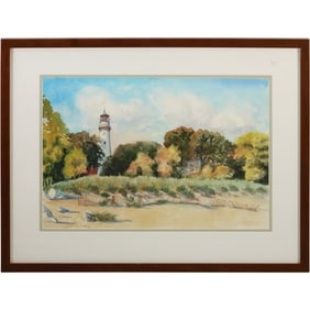 Carol Reagan, Illinois Artist, Watercolor Painting "Evanston Beach" with Lighthouse Background