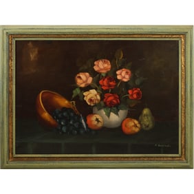 Signed H Hubregts, 19th C. Dutch School Oil on Board Painting Still Life with Flowers, Fruit