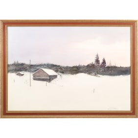 H J Kottsin, Watercolor Winter Landscape snow-covered field barn and trees in the distance.