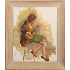 Vintage Oil Painting on Board Young Woman Playing Acoustic Guitar, Framed