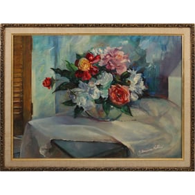 O Freeman Kohler, Fine Vintage 20th C. Table Top Still Life Oil on Canvas Painting, Flowers in Vase