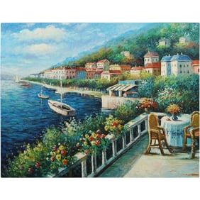 Vibrant Coastal Town Scene, Mediterranean region, Oil on Canvas Painting