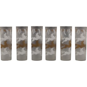 Set of 6 Collectible Libbey Cavalcade Running Horses Gilt Cocktails Glasses