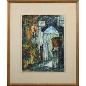 Marie Berger, Watercolor Painting, Abstraction Interior Scene, Signed, Framed