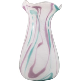 Tall Art Glass Vase with Ruffled Rim Milky White Accented with Amethyst and Green 19.5 in. height