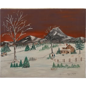 Helen D Hayden, Vintage Oil on Canvas Painting Naive Country Winter Landscape, Signed