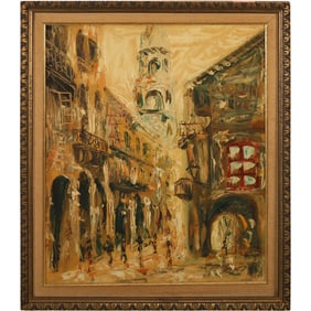 Signed Najarro, Vintage 20th C. Oil on Canvas Painting European Village Cityscape, Framed
