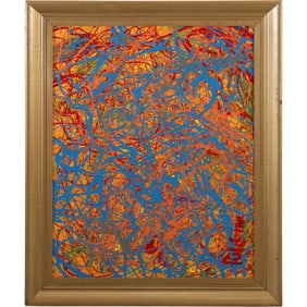 Thomas Pulgini, American, Oil on Board Painting Colorful Busy Abstract, Signed, Framed