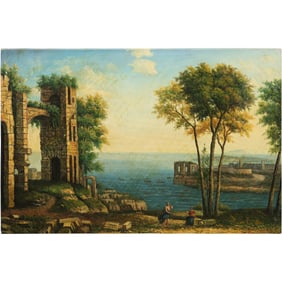 after Claude Lorraine, 20th C. Oil on Canvas Painting Coast View with Apollo and the Cumaean Sibyl