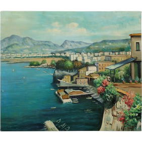 Vintage Oil Painting on Canvas Coastal Landscape,Italian Lake or Seaside Town