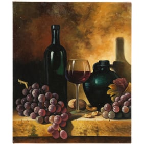 Fine 20th C. Oil on Canvas Painting Still Life with Grapes and Wine 16 in. x 20 in.