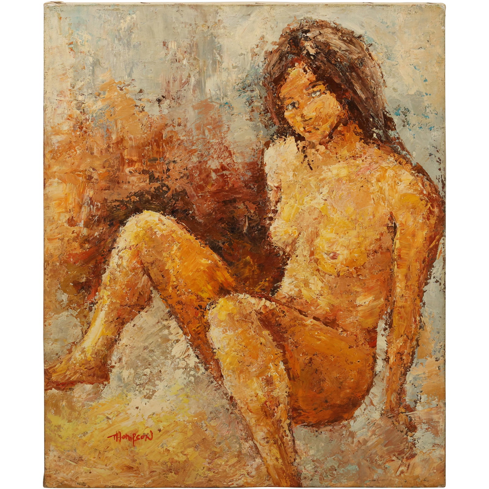 Signed Thompson Impressionist Oil Painting – Seated Nude Female, 20th Century: Signed Thompson Impressionist Oil Painting – Seated Nude Female, 20th Century. size: 16 x 20