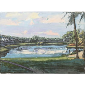 20 th C. painting of a golf course landscape, featuring a body of water, green fairways, and trees