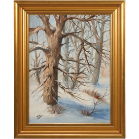 Jane Shouse, Oil on Canvas Painting, Woodland Winter Landscape, Signed and Framed