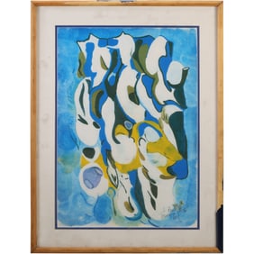 20th C. Mixed Media Painting Abstract "Guardians of The Flock", Framed