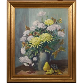 Permilla Haggert, Fine 20th C. Oil Painting Still Life Flowers in Vase with Fruits