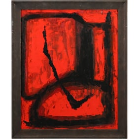 Quality Red and Black Lines Abstract Oil Painting, Unsigned