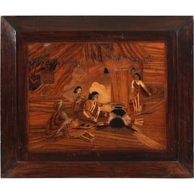 Exotic Woods Inlaid Plaque Scene of Native Indian Potters, 18 in. x 21 in.