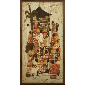 Framed Batik Artwork Market Scene or village life, possibly from Haiti or another African region