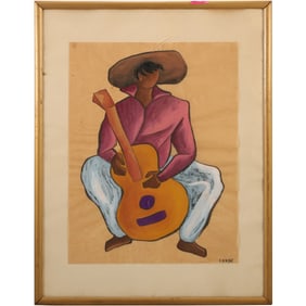 Miguel  Conde [b. 1939 American / Spain] Gouache Painting Figure with a Guitar, Framed
