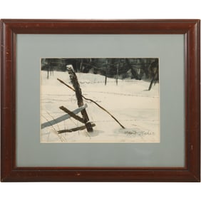 Mae S Fisher, Watercolor Painting, Winter Landscape with Barb Wire Fence