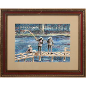 George Luks, American, Gouache Painting "Fly Fishing on The River Creek", Framed