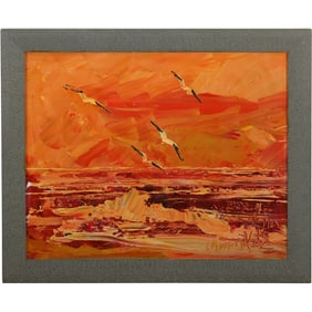 Morris Katz, Jewish American, Acrylic on Board Painting, Sunset Seascape with Seagulls