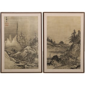 2 Japanese Framed "Autumn and Winter Landscapes" after renowned Japanese ink painting by Sessh?
