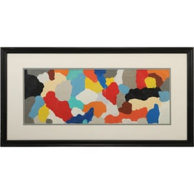20th C. Abstract Colorful Shapes Oil Painting on Board, Unsigned