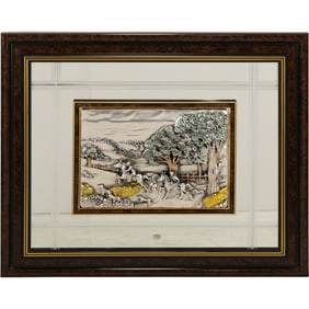 Framed .925 Sterling Silver Bas-Relief Plaque English Hunt Scene