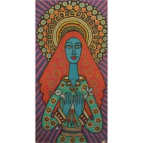 Folk Art Oil on Board Painting of a Tribal Goddess, Colorful, 36 inches x 17.5 inches