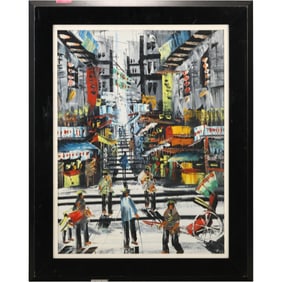 Chinatown Busy Street Scene Colorful Giclee on Canvas, Framed