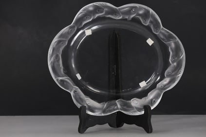 Signed LALIQUE FRANCE "Piriac" Oval Crystal Glass Platter with Frosted Koi Fish Border