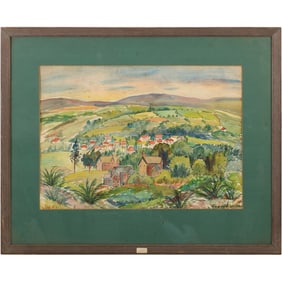 Longfield Smith 1951, Watercolor Painting, Rolling Hills Landscape Village, Framed