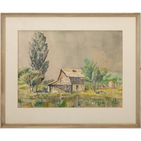 Signed W E Parisen, Fine Watercolor Painting Farmhouse in Landscape