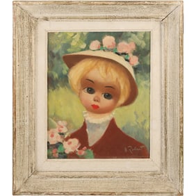 A Robert, Paris, Oil on Canvas Painting Girl with Big Eyes, Signed, Framed, Biography on Verso