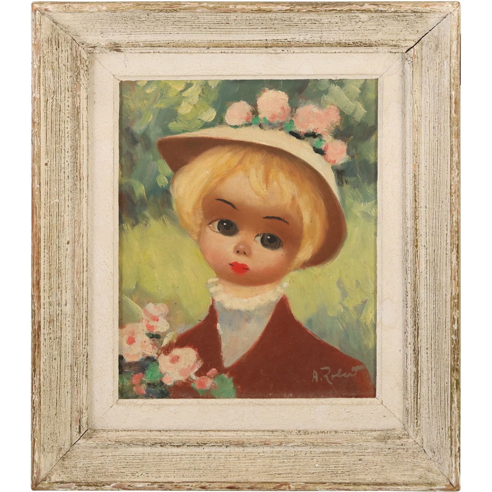 A Robert, Paris, Oil on Canvas Painting Girl with Big Eyes, Signed, Framed, Biography on Verso (1 of 12)