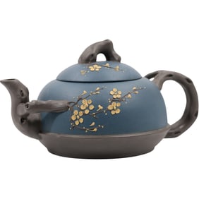 Asian Chinese clay YiXing Blue Branches Blossoms Pottery Teapot Signed
