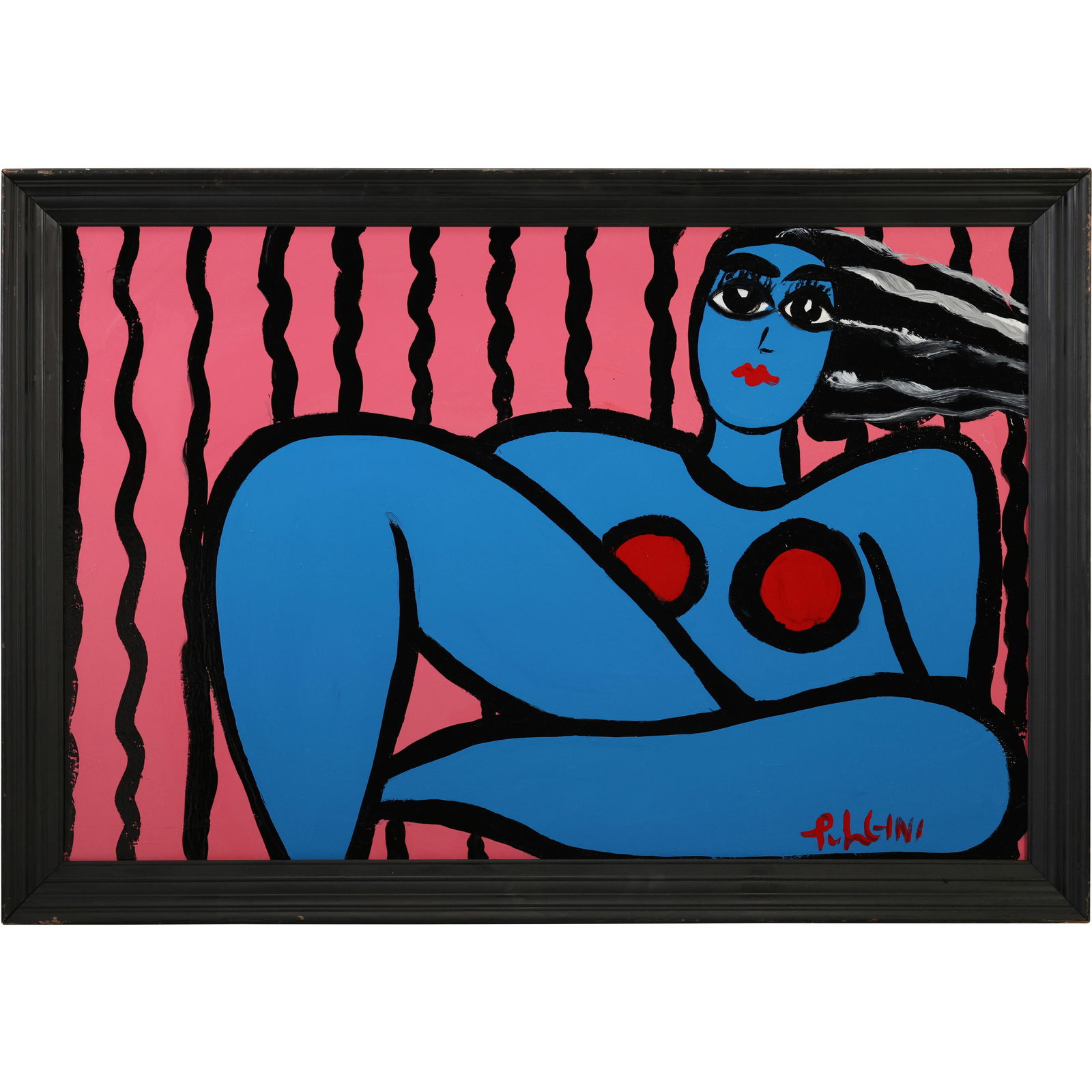 Thomas Pulgini, American, Pop-Art Abstract Oil on Board Painting Reclining Blue Woman: Thomas Pulgini, American, Pop-Art Abstract Oil on Board Painting Reclining Blue Woman. Signed, Framed. Well Listed American Artist. size: 24 x 36 frame 27 x 39.5 ; ASKart: Thomas Pulgini, Born 1965 in
