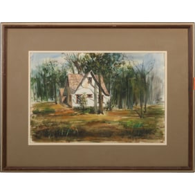 Signed G Gunther, Fine Watercolor Painting House in Woodland Landscape