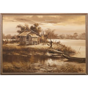 Signed D. Tinomu, Manila, Oil Painting Lake Side Huts with Fisherman Carrying Day's Catch