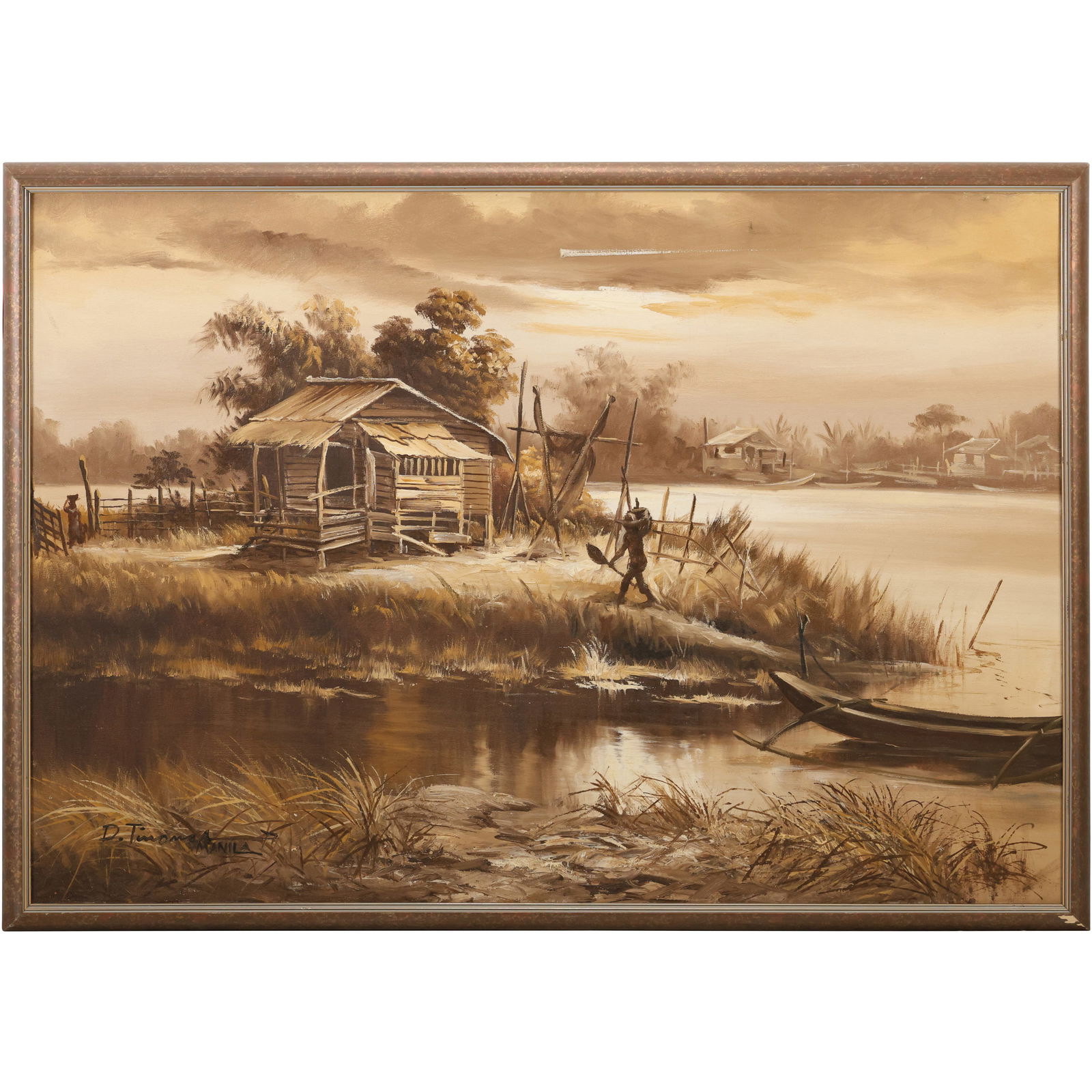 Signed D. Tinomu, Manila, Oil Painting Lake Side Huts with Fisherman Carrying Day's Catch (1 of 15)