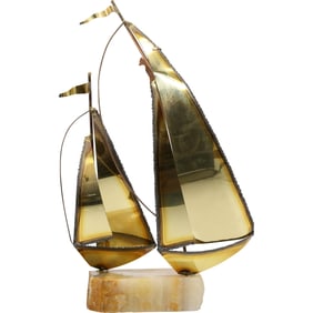 Brutalist Brass & Copper Torch Art Sailboats Sculpture Mounted on an Onyx Base 13 in. height